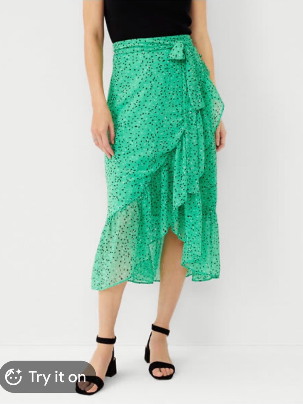 Ann Taylor Green Polka-Dot Ruffle Wrap Midi Skirt